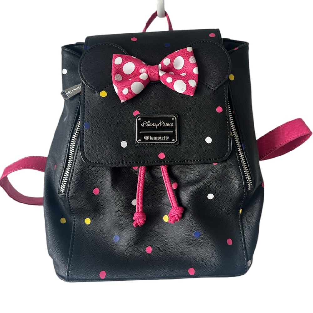 Disney Parks Loungefly Rock the Dots Minnie Mouse Backpack Black and Pink Polka